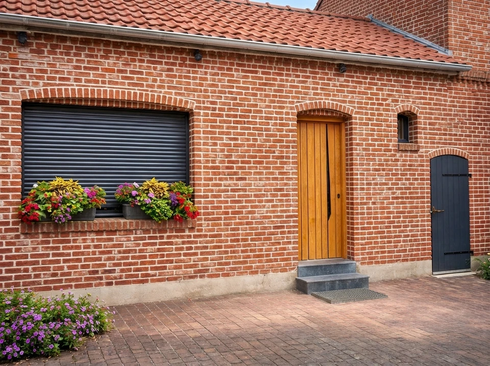 Portes en bois ferm&eacute;es avec volets &agrave; lamelles horizontales, &eacute;quip&eacute;es de poign&eacute;es ornementales en m&eacute;tal patin&eacute; et d'un syst&egrave;me de verrouillage central d&eacute;coratif